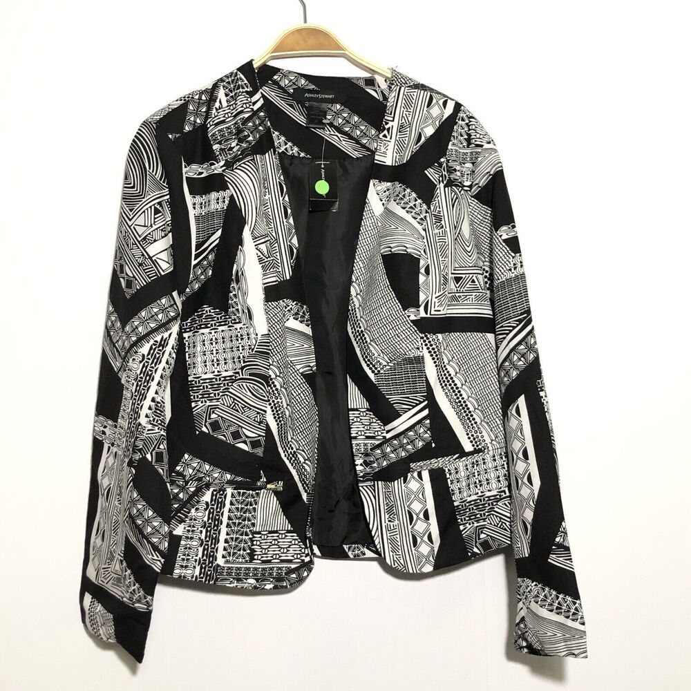 Ashley Stewart Jacket Womens 16 Black White Open Blazer Linen Blend Abstract New